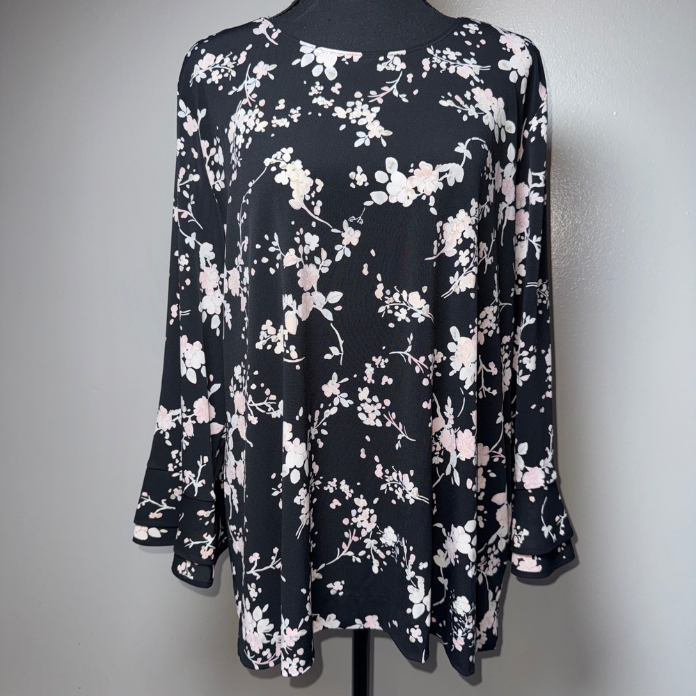 Karl Lagerfeld Paris Black Floral Ruffle Cuff Blouse XL Pink White Long Sleeve